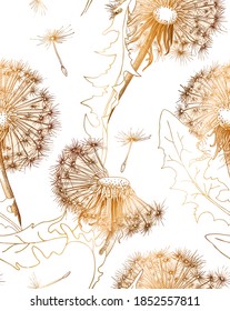 Seamless wallpaper pattern. Gold Dandelion flowers and leaves. Textile composition, hand drawn style print. Vector illustration. 