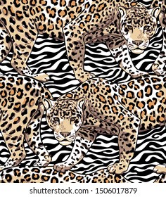 Seamless wallpaper pattern. Gold Jaguar on a black and white zebra skin background. Textile composition, hand drawn style print. Vector illustration.
