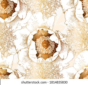 Seamless wallpaper pattern. Gold Peony flowers and Allium bulbs. Textile composition, hand drawn style print. Vector illustration.