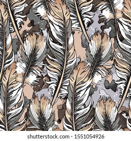 Seamless wallpaper pattern. Gold and silver Owl feathers on a plane tree texture background. Textile composition, hand drawn style print. Vector illustration.
