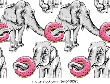 Nahtlose Bildschirmhintergründe. Grauer Elefant mit rosafarbenem Donut. Textile Zusammensetzung, handgezeichnet Druck. Vektorillustration.