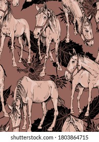 Seamless wallpaper pattern. The grazing beautiful horses on a wildflowers background. Textile composition, hand drawn style print. Vector illustration.