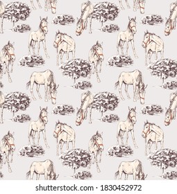 Seamless wallpaper pattern. Grazing beautiful horses, trees and bushes. Textile composition, hand drawn style print. Vector illustration.