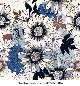 Seamless wallpaper pattern with hand drawn flowers in blue color ideal for fabric patterns design