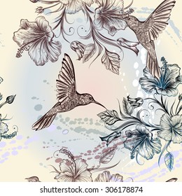 Seamless wallpaper pattern with hummingbirds and hibiscus flowers