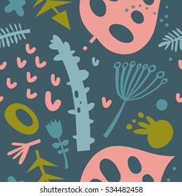 Seamless wallpaper pattern of imprint flowers, plants, berries in a modern, Scandinavian, ethnic style. Vector illustration for your design.Textile, blog decoration, banner, poster, wrapping paper.