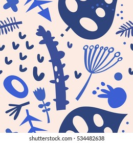 Seamless wallpaper pattern of imprint flowers, plants, berries in a modern, Scandinavian, ethnic style. Vector illustration for your design.Textile, blog decoration, banner, poster, wrapping paper.