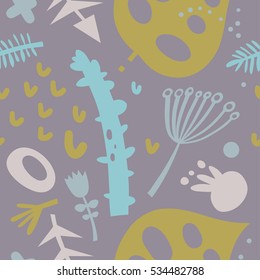 Seamless wallpaper pattern of imprint flowers, plants, berries in a modern, Scandinavian, ethnic style. Vector illustration for your design.Textile, blog decoration, banner, poster, wrapping paper.