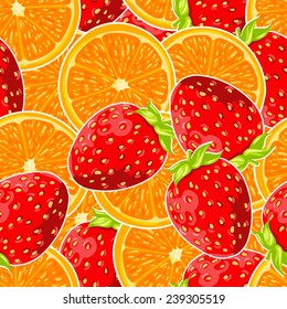 Seamless wallpaper with a pattern of juicy fruits and berries. Orange oranges, red strawberries