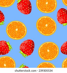 Seamless wallpaper with a pattern of juicy fruits and berries. Orange oranges, red strawberries