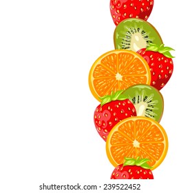 Seamless wallpaper with a pattern of juicy fruits and berries. Orange oranges, red strawberries and green kiwi