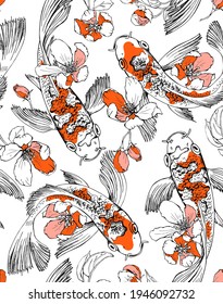 Seamless wallpaper pattern. Koi fishes and cherry flowers. Textile composition, hand drawn style print. Vector illustration.