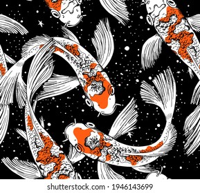 Seamless wallpaper pattern. Koi fishes on a space background. Textile composition, hand drawn style print. Vector illustration.