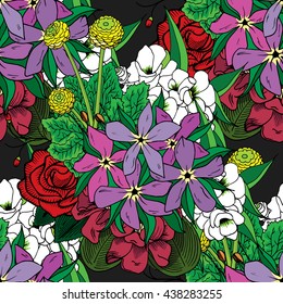 Seamless Wallpaper pattern with a large bouquet of flowers on a dark background.