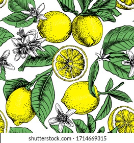 Seamless wallpaper pattern. Lemons with leaves and flowers. Textile composition, hand drawn style print. Vector illustration.