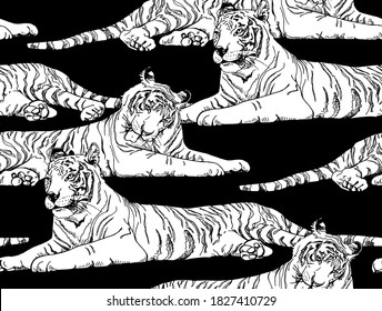 Seamless wallpaper pattern.  Lying tiger. Rest. Textile composition, hand drawn style print. Vector black and white illustration.