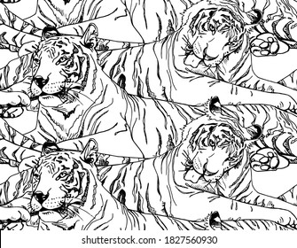 Seamless wallpaper pattern.  Lying tiger. Rest. Textile composition, hand drawn style print. Vector black and white illustration.