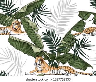 Seamless wallpaper pattern. Lying tiger and exotic palm leaves. Rest. Textile composition, hand drawn style print. Vector illustration.