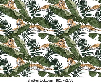 Seamless wallpaper pattern. Lying tiger and exotic palm leaves. Rest. Textile composition, hand drawn style print. Vector illustration.