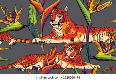 Seamless wallpaper pattern. Lying tiger and exotic Strelitzia flowers. Rest. Textile composition, hand drawn style print. Vector illustration.