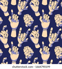 Seamless wallpaper pattern. Mannequin Wooden hand on a dark blue background. Different poses. Textile composition, hand drawn style print. Vector illustration.