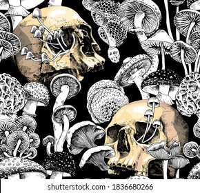 Seamless wallpaper pattern  Monochrome Magic Psychedelic Mushrooms   skulls  Humor textile composition  hand drawn style print  Vector illustration 