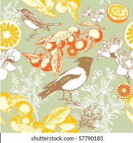 Seamless wallpaper pattern with orange and birds