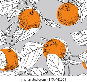 Seamless wallpaper pattern. Orange Tangerine with leaves on a gray background. Textile composition, hand drawn style print. Vector illustration.