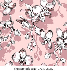 Seamless wallpaper pattern. Orchid flowers and bud on branches. Textile composition, hand drawn style print. Vector illustration.