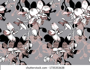 Nahtlose Tapete Muster. Orchideen Blumen und Knospen auf Ästen. Textile Komposition, handgezeichneter Druck. Vector-Abbildung.