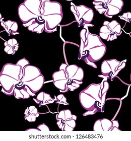 Seamless wallpaper pattern with orchid on black background, vector illustration.