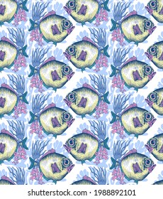 Seamless wallpaper pattern. Pastel Underwater world. Fish, corals, shells. Textile composition, hand drawn style print. Vector illustration.