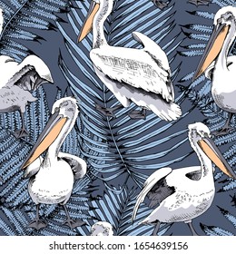 Seamless wallpaper pattern. Pelican water birds and blue fern leaves. Textile composition, hand drawn style print. Vector illustration.