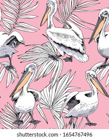 Seamless wallpaper pattern. Pelican water birds and exotic palm leaves on a pink background. Textile composition, hand drawn style print. Vector illustration.