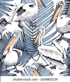 Seamless wallpaper pattern. Pelican water birds and blue fern leaves. Textile composition, hand drawn style print. Vector illustration.