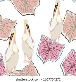 Seamless wallpaper pattern. Pelican water birds and exotic pink leaves on a white background. Textile composition, hand drawn style print. 
