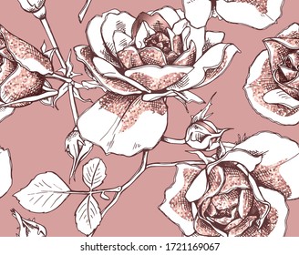 Seamless wallpaper pattern. Pink Gold glitter Rose flowers, buds and leaves. Textile composition, hand drawn style print. Vector illustration.