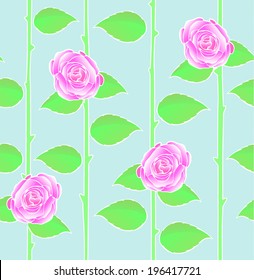 Seamless wallpaper pattern with of pink roses on blue background