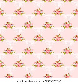 Seamless wallpaper pattern with pink roses, vector illustration