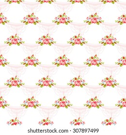 Seamless wallpaper pattern with pink roses, vector illustration