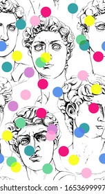 Seamless wallpaper pattern. Plaster head statue with a rainbow circles. Textile composition, hand drawn style print. Vector illustration.