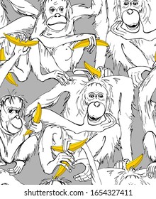 Seamless wallpaper pattern. Portrait of a Cute Monkey with the bananas. Funny Cartoon Characters. Textile composition, hand drawn style print. Vector illustration.