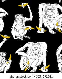 Seamless wallpaper pattern. Portrait of a Cute Monkey with the bananas. Funny Cartoon Characters. Textile composition, hand drawn style print. Vector illustration.