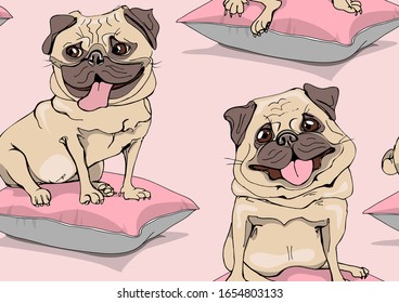 Seamless wallpaper pattern. Portrait of a Cute pug on the pink pillow. Funny Cartoon Characters. Humor Textile composition, hand drawn style print. Vector illustration.