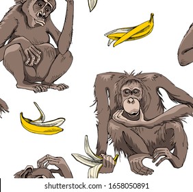 Seamless wallpaper pattern. Portrait of a Cute Monkey with the banana skins. Funny Cartoon Characters. Textile composition, hand drawn style print. Vector illustration.