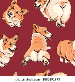 Seamless wallpaper pattern. Portrait of a cute Dogs. Funny Welsh Corgi in a different poses. Humor textile composition, hand drawn style print. Vector illustration.