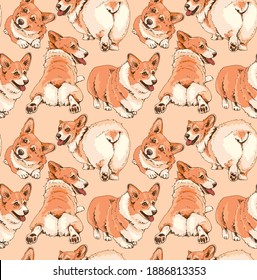 Seamless wallpaper pattern. Portrait of a cute Dogs. Funny Welsh Corgi in a different poses. Humor textile composition, hand drawn style print. Vector illustration.