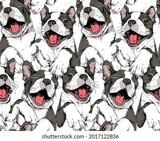 Seamless wallpaper pattern. Portrait of a smiling funny Boston Terrier dog. Adorable puppy. Humor textile composition, hand drawn style print. Vector illustration.