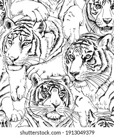 Seamless wallpaper pattern. Portrait of Tigers. Creative textile composition, hand drawn style print. Vector illustration.