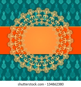 Seamless wallpaper pattern with round frame and ribbon